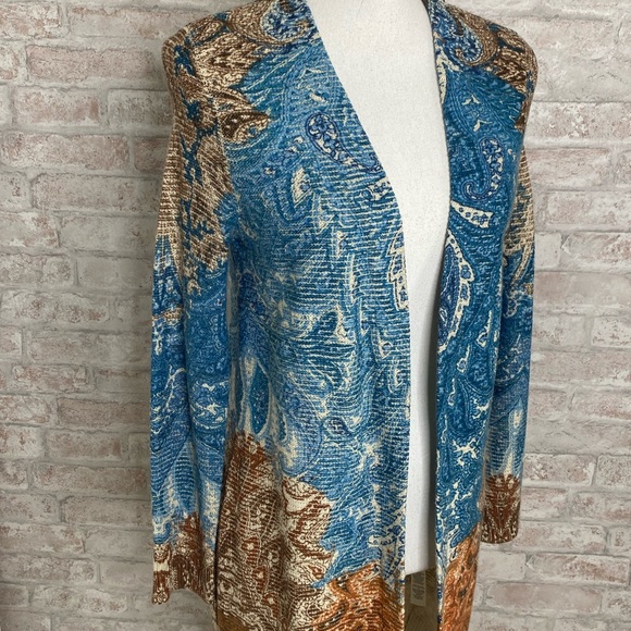 Chicos blue and brown knee length open front sweater size 0P - Picture 2 of 5